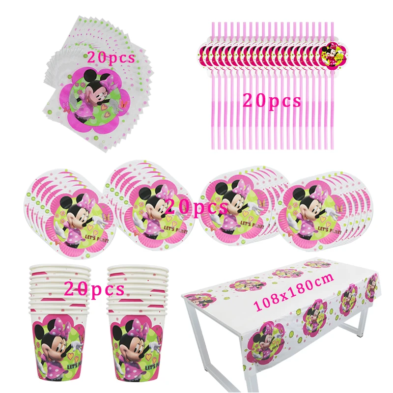 

81Pcs Minnie Mouse Theme Disposable Tableware Design Kid Birthday Party Paper Plate+Cup+Napkin+ Straw+Tablecloth Party Supplies
