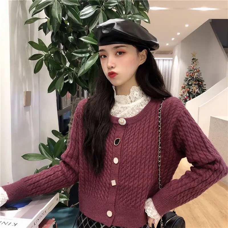 Женский вязаный свитер винтажный кардиган с пуговицами и круглым вырезом
