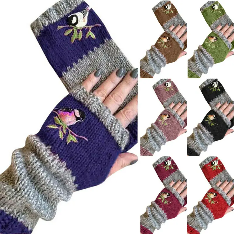 

Women Birds Embroidery Gloves Knitted Fingerless Winter Warm Casual Soft Gloves