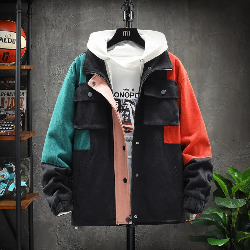 Hip Hop Style Casual Color Block Outerwear Jacket Multi Pocket Work Jacket Men