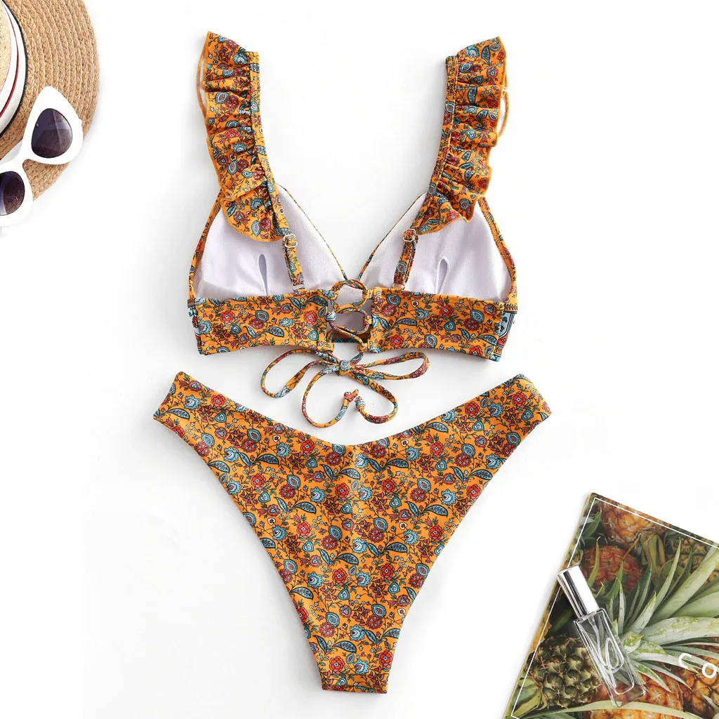 Женский купальник летний комплект бикини с цветочным принтом и оборками из двух