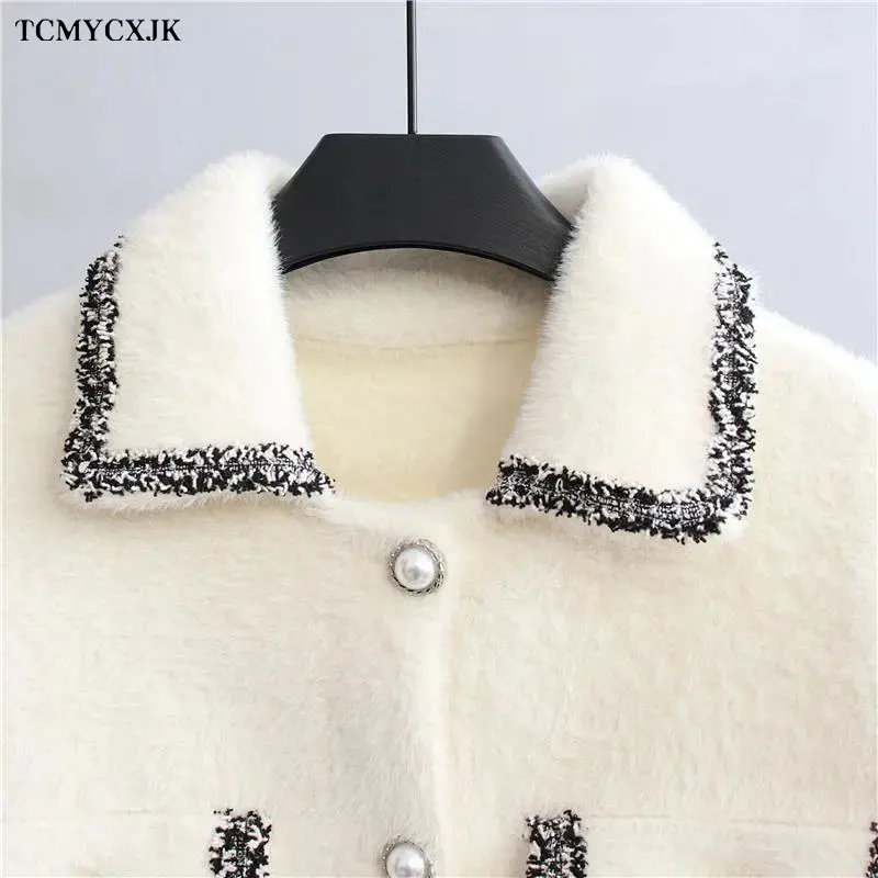 

Faux Mink Short Coat Women's 2021 Autumn And Winter New Coats Square Collar Long Sleeve Loose Stitching Cardigan Sweater Jackets
