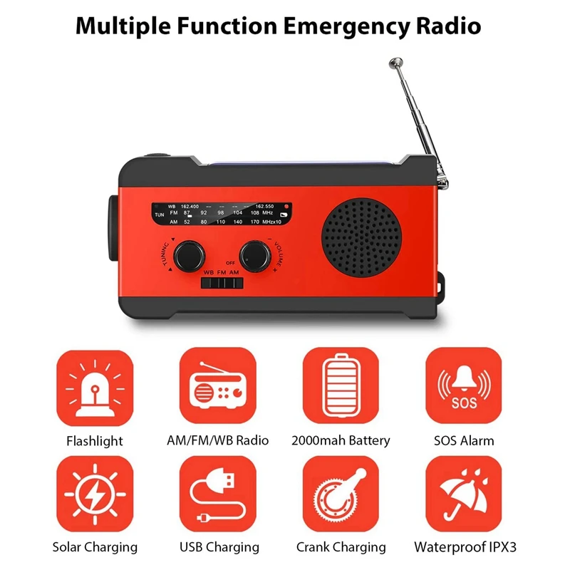 Солнечная аварийная AM FM WB радио с фонариком SOS тревога Динамо рукоятка НОАА 2000MAh