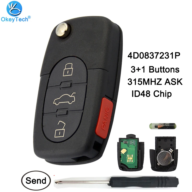OkeyTech дистанционный ключ 315 МГц с чипом ID48 для Audi A4 A6 A8 S4 S6 S8 4 кнопки 4D0837231P Uncut HU66