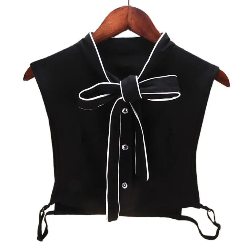 

Female White Edge Ribbon Bow Tie Fake Collar Button Down Detachable Half-Shirt L4ME