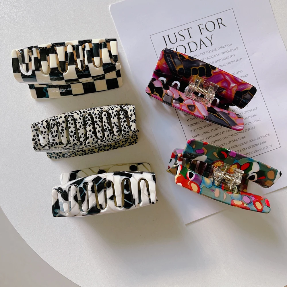 

Заколки для волос в стиле ретро женские, ацетатные геометрические заколки в шахматном стиле с изображением акулы, конский хвост, модные акс...