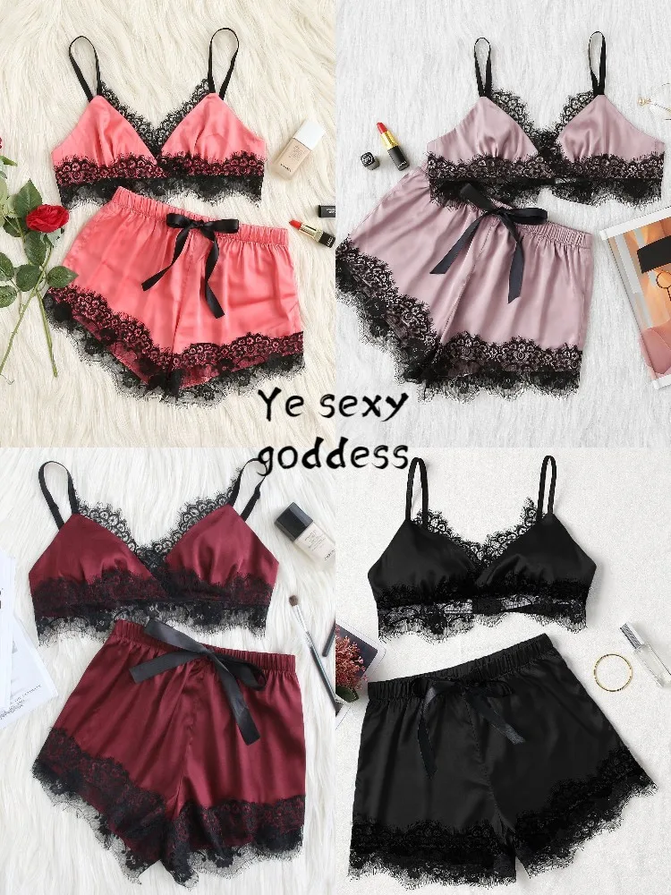 

Кружевная пижама в горошек, женские пижамные комплекты с V-образным вырезом, стрейчевое атласное сексуальное нижнее белье, одежда для сна