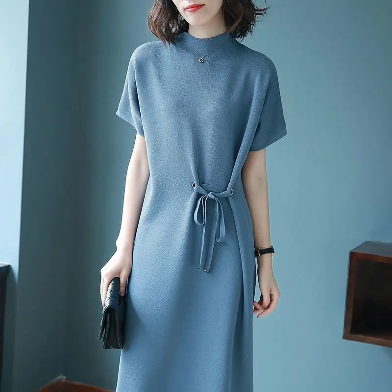 

Stand collar short sleeve knitted dress summer 2021 new women's wear medium length, loose temperament