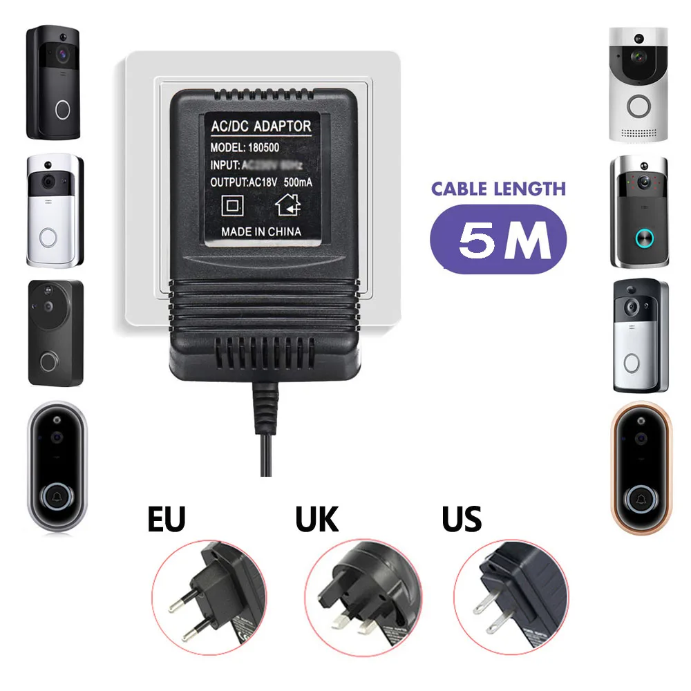 

US UK EU Plug 18V AC Transformer Charger for Wifi Wireless Doorbell Camera Power Adapter IP Video Intercom Ring 220V-240V 5Meter