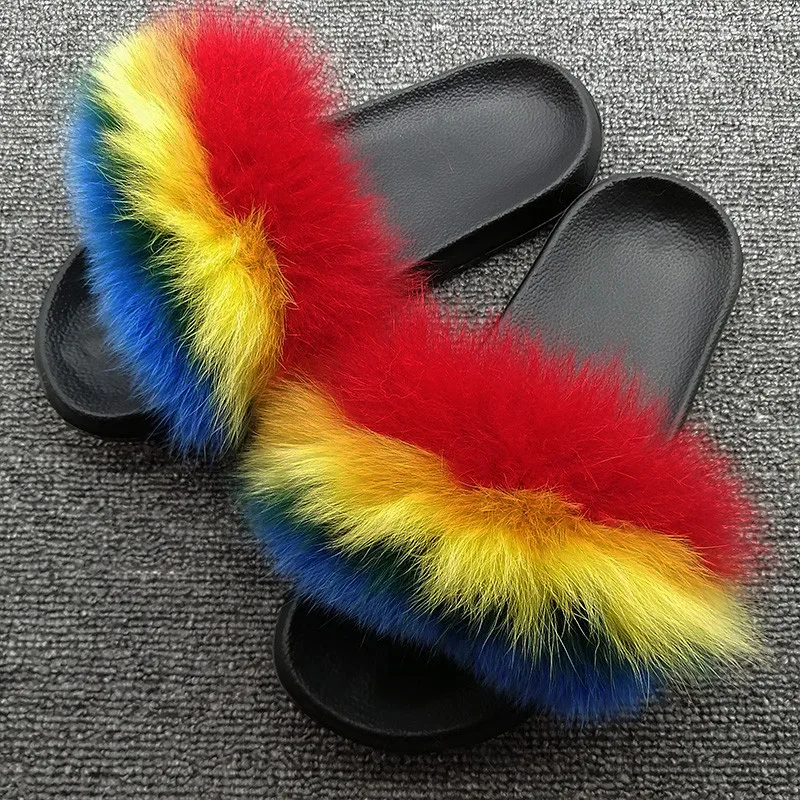 Женские тапочки с лисьим мехом Милые женские меховые шлепанцы Тапочки