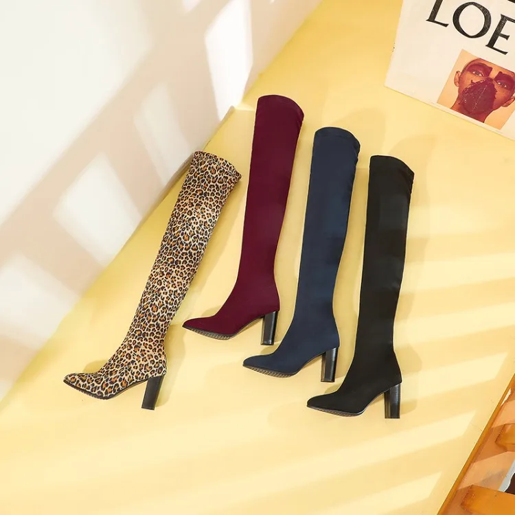 Women Leopard Boots High Heels Shoes Over Knee Boots for Ladies 2023 Winter Fashion Shoes Female Pointed Toe Shoes Boots Casual