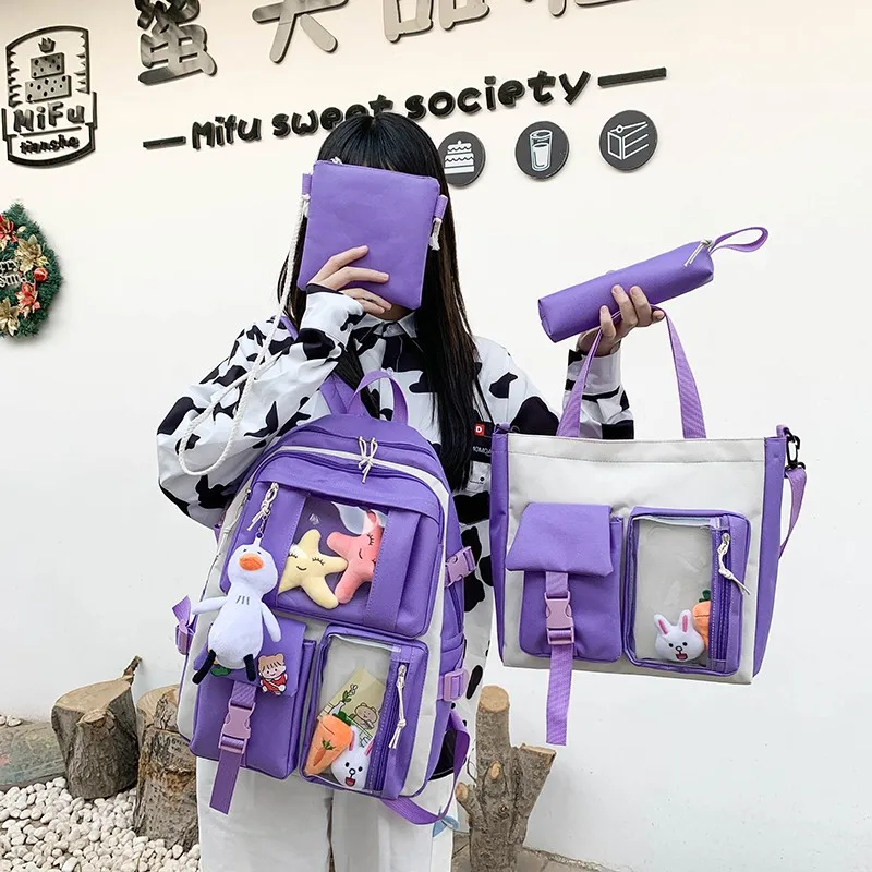 

4-piece Fashion Women Backpack Oxford Cloth Waterproof Trend School Bag For Girls Large Capacity Backpack With Many Pockets