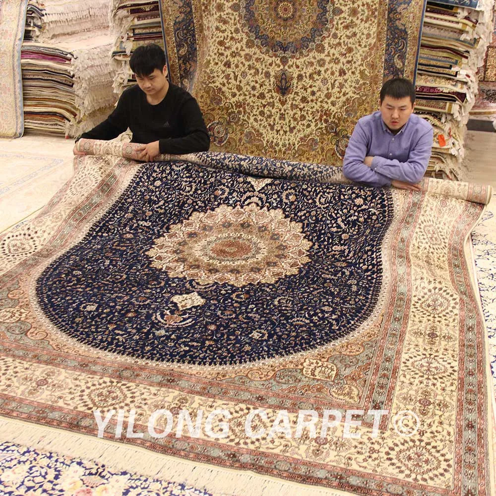 YILONG 8'x10' синий медальон ручной работы Шелковый персидский ковер гостиной роскошный коврик(WY323A8x10