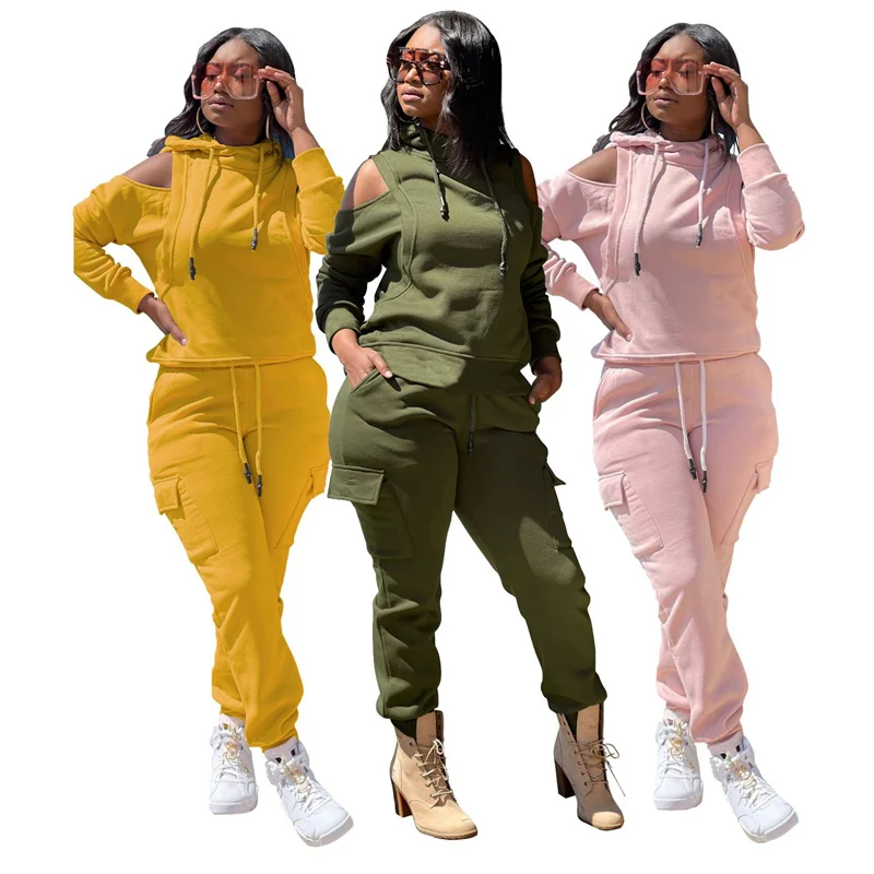 

Cutubly 2 Two Piece Pant Set Outfits Solid Pockets Trousers Hooded Shirt Top Sets Women Jogger Tracksuit Autumn Clothing Sexy
