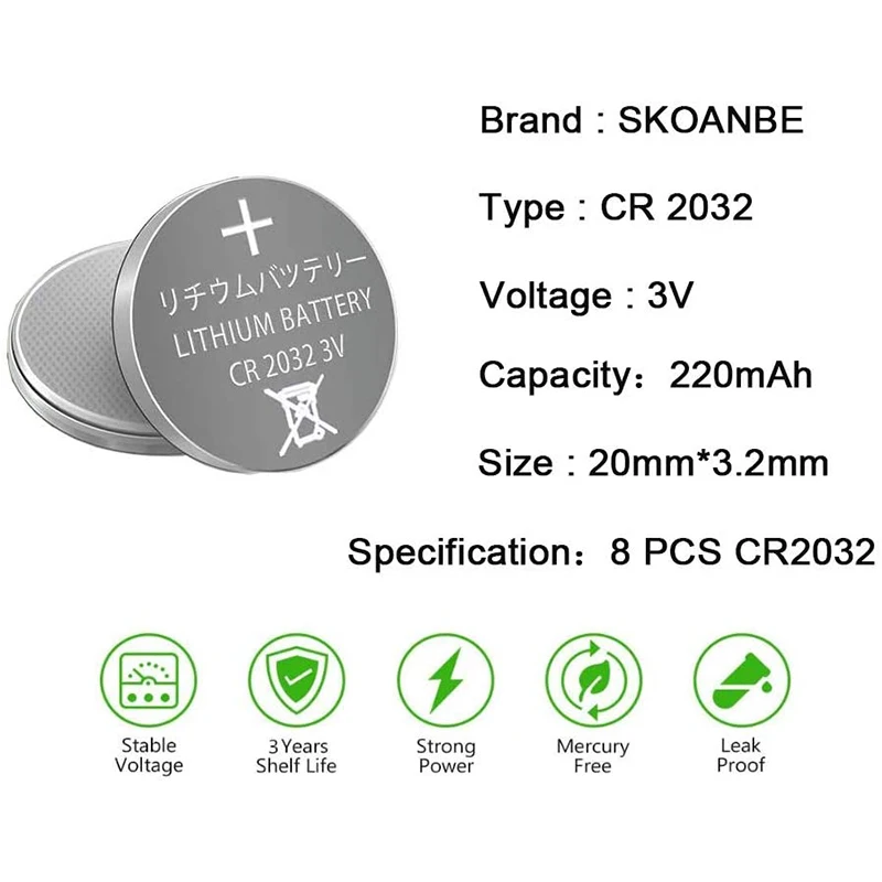 SKOANBE 3-100 шт. CR2032 3 В литиевая батарея 2032 Кнопочная для монет используется
