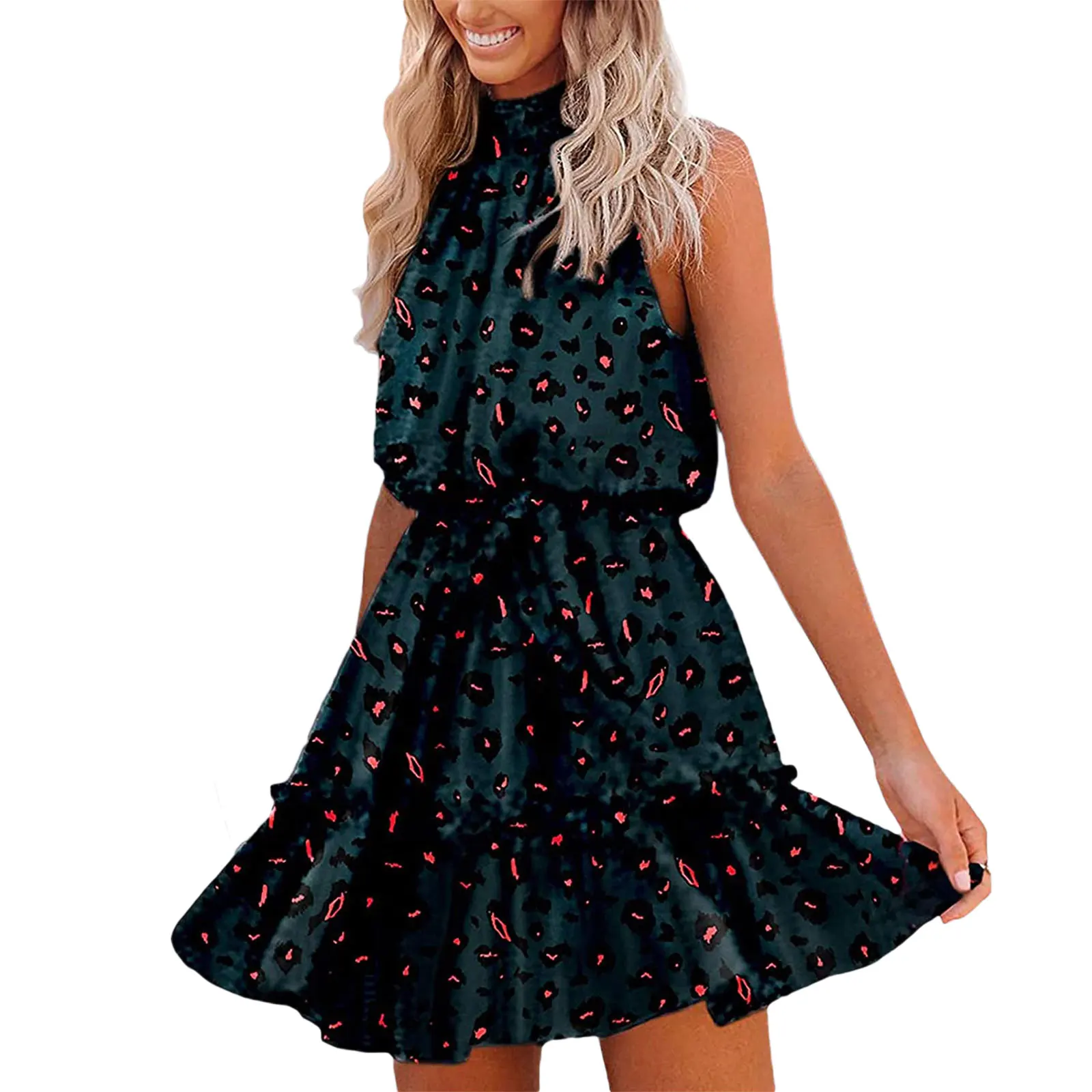 Женское сексуальное короткое платье платья без рукавов с круглым вырезом и