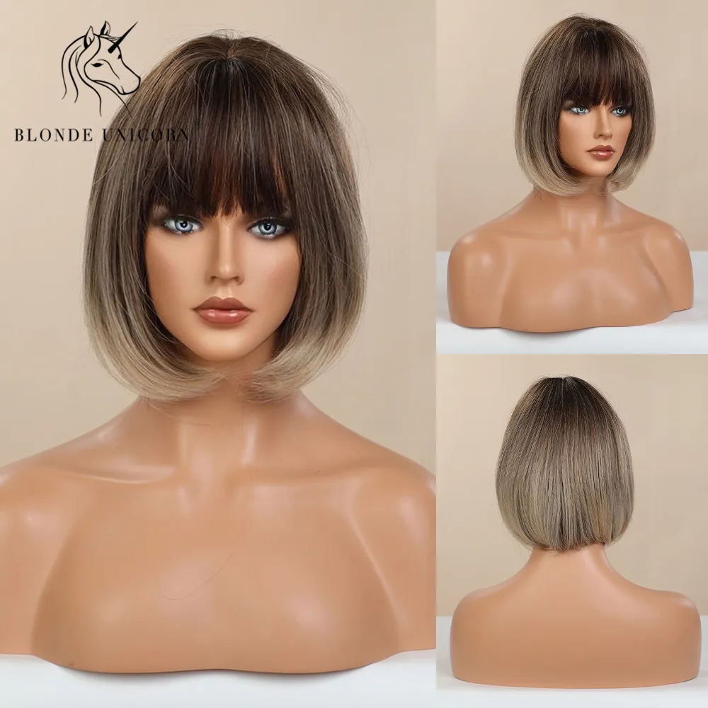 

BLONDE UNICORN Straight Synthetic Short Bob Wig Ombre Brown with Bangs Lolita Party Daily Hair Wigs For Women Heat Resistant