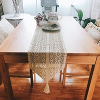 1pc home decoration 100 cotton crocheted hollow table runner table mat tea mat beige elegant retro tassel