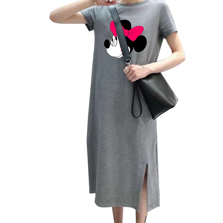 

Minnie Mouse Disney Midi Dresses for Women Casual 2021 Kawaii Cartoon Print Loose T Shirts Dress Split Fork Korean Robe Femme