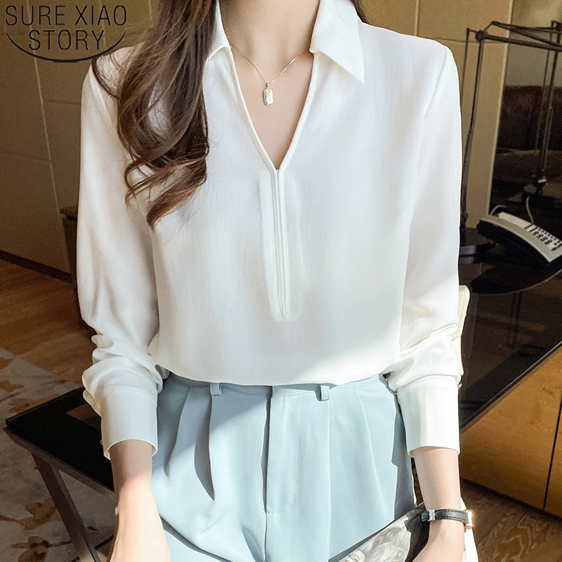 

2022 Spring New Fashion Simple Solid White Elegant V-neck Chiffon Shirt Women Tops Mujer Office Lady Shirt Clothes Blusas 18508