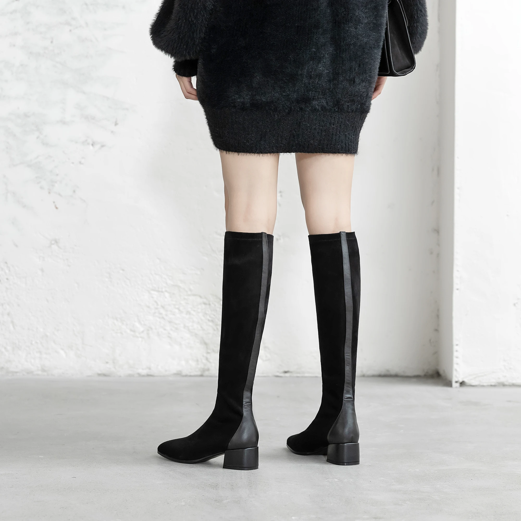 

KemeKiss Real Leather Women Knee High Boots Fashion Black Pattern Shoes Women Casual Party Square Toe Mujer Footwear Size 33-40
