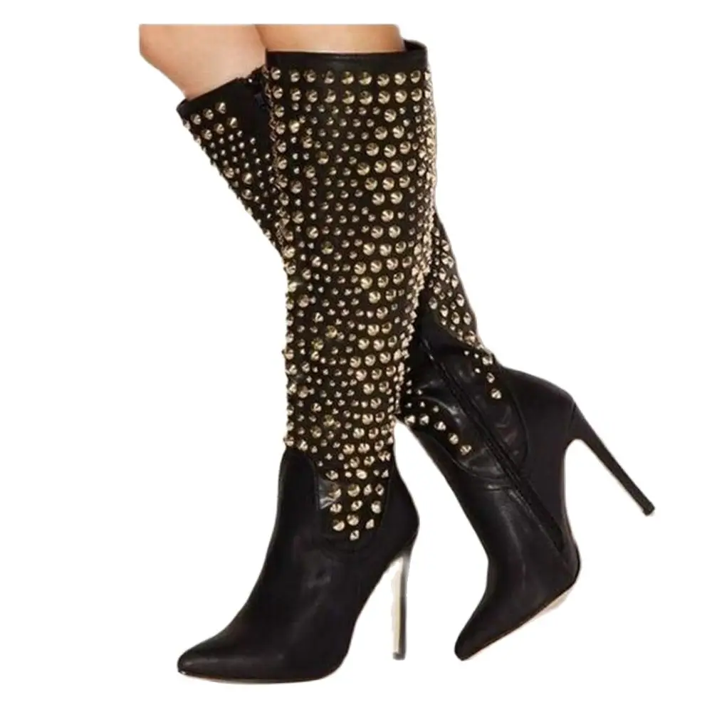 

Spike Design Gold Rivet Knee High Boots Pointed Toe Thin High Heels Side Zipper Sexy Women Autume Winter Party Dress Boots Shoes