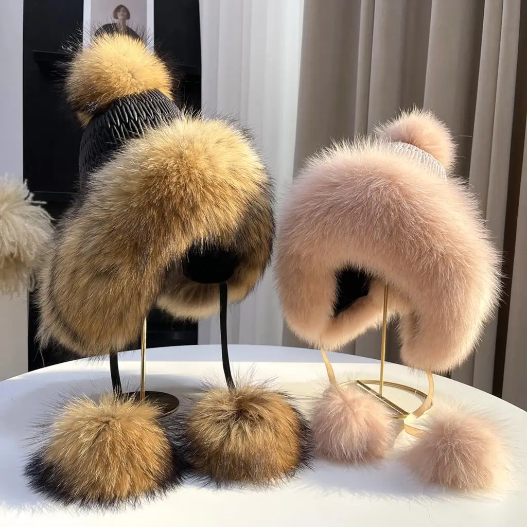 2021 New Winter Fox Fur Lei Feng Cap Wool Knit Hats Lovely Fleece Warm Ear Protection Women Beanies Raccoon Silver Bomber Hats