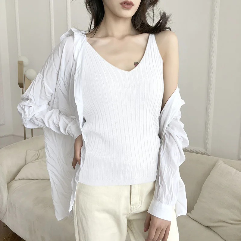 

QRWR Knitted Sweater 2021Summer Korean Casual Sling Sleeveless Vest Fashion Sexy V Neck Slim Solid Color Women's Vest