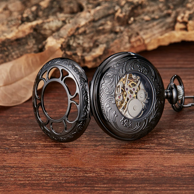 Golden Gold Mechanical Hand Wind Pocket Watches Blue Roman Numeral Dial Mechanical Flip Watch Men Clock With Fob Chain Gift Box