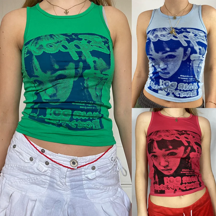 

New Sexy Print Tanks for Women Summer Y2K Sleeveless Clothes Women Fashion Streetwear Casual Portrait Tie Dye CropTops Female