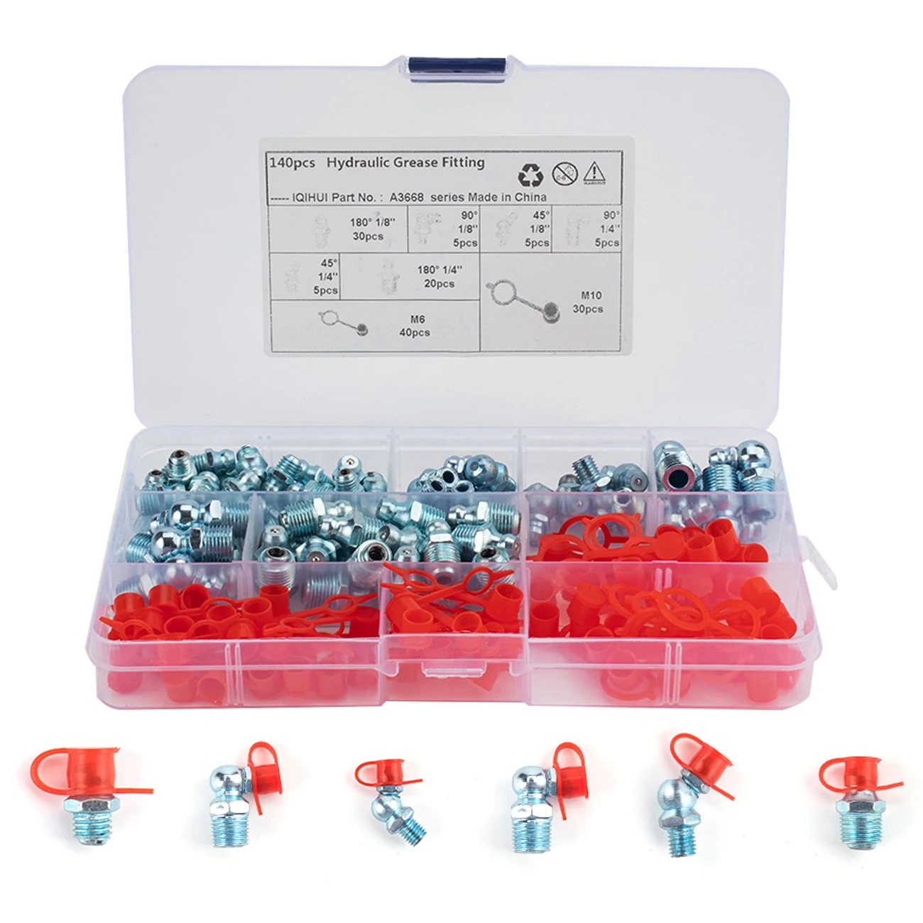 

140Pcs Metric Hydraulic Zerk Grease Fitting Assortment Kit M6 M10 Straight 45 Degree 90 Degree Angled Grease Zerk Fittings Caps