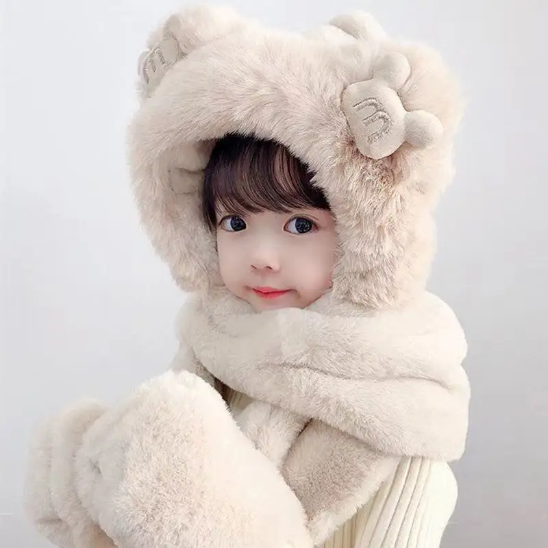 

Children's Scarf Winter New Cute Rabbit Hat Rabbit Wool Warmth Thick Plush Bib Hat Scarf Gloves Three-piece Hat Women's Hood