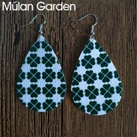 mg double side faux leather earrings for women green flower print lattice pattern water drop earrings fashion jewelry girl gift