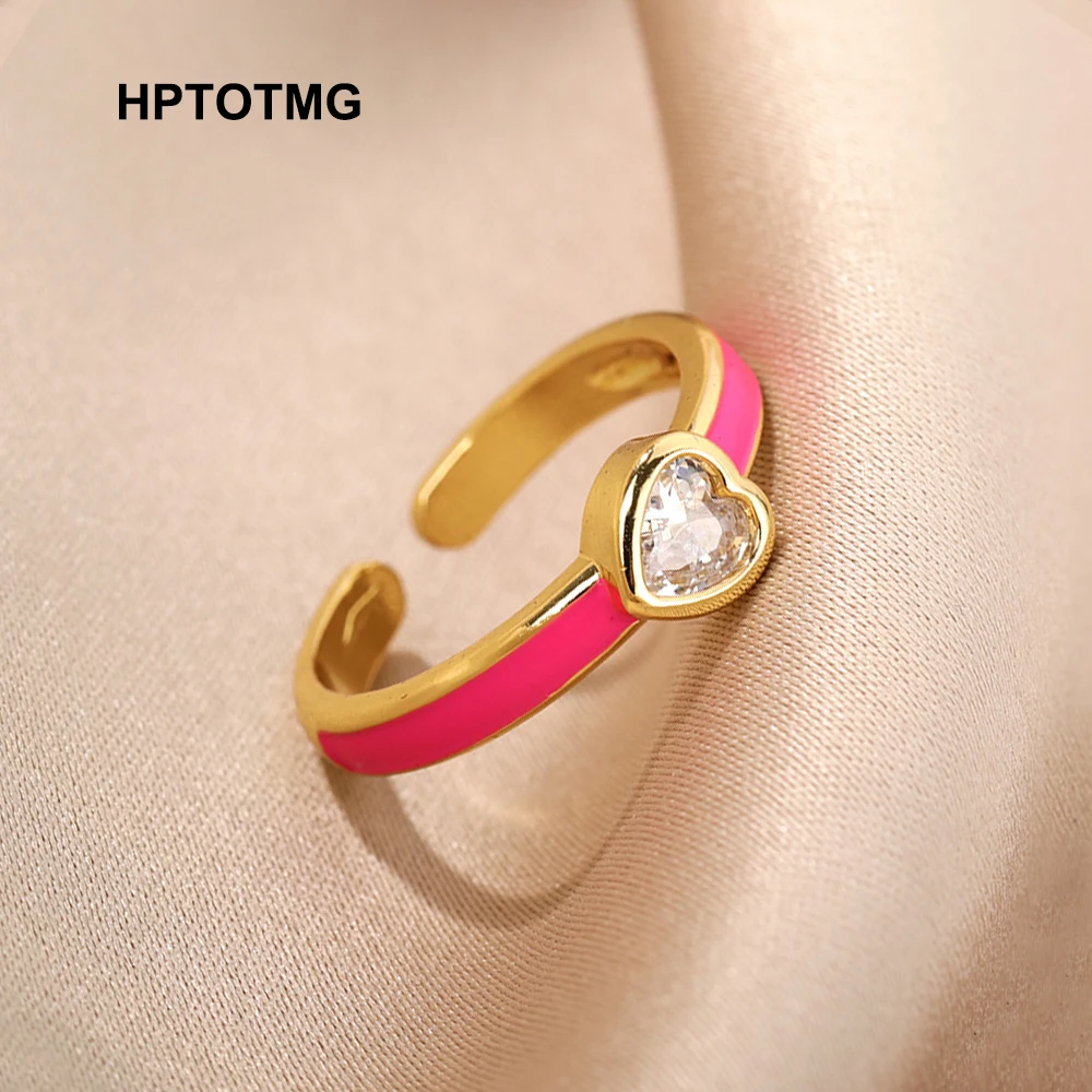 

Pink Epoxy Enamel Love Heart Gold Rings for Women Vintage Punk Adjustable Wedding Rings 2021 Trend Fine Jewelry Gift bague anel