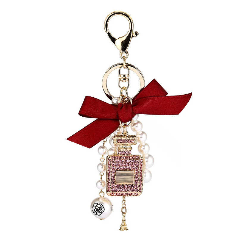 Imitation Pearl Perfume Bottle Keychain Car Key Ring Holder Bag Charm Pendant Accessories Bow Key Chain - Fashion Keyring image 5