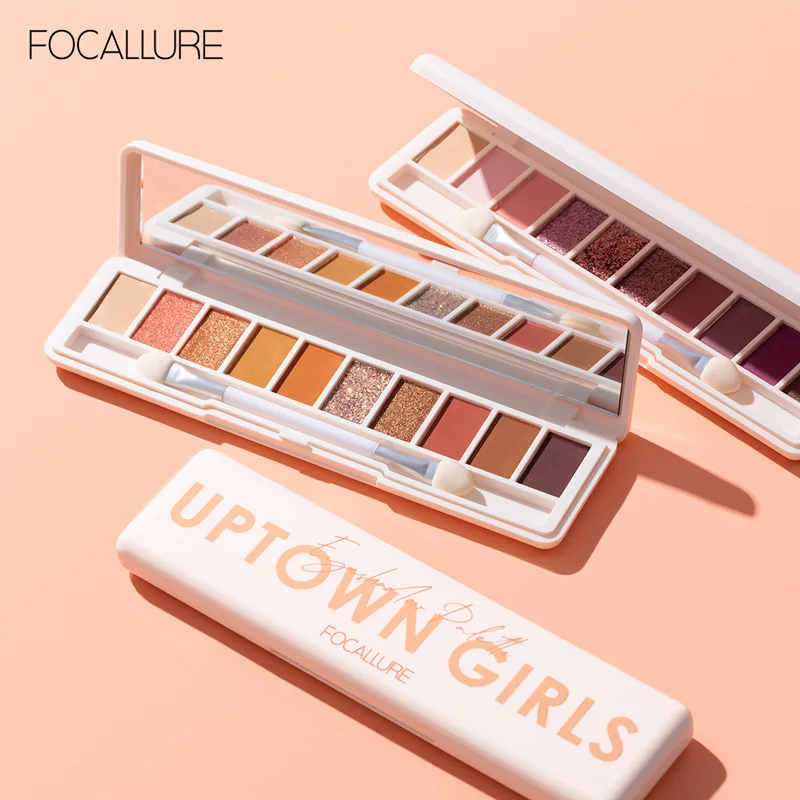 

FOCALLURE 10 Shades Eye Shadow Palette Glitter Nude Waterproof 4 Textures Palette With Dual-ended Brush & Mirror Makeup