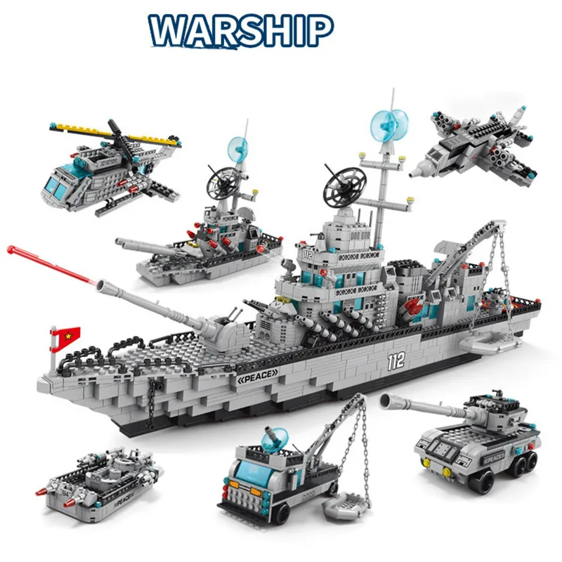 

6 In 1 Deformation Military Missile Destroyer Block DIY Helicopter Ship War Vehicles Building Brick Toys For Children Boys Gift