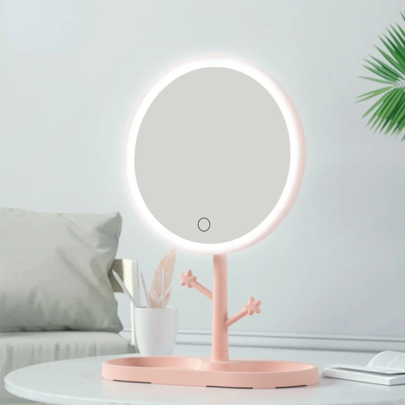 

Зеркало для макияжа со светодиодной подсветкой, вращающееся настольное косметическое зеркало круглой формы с лампой для хранения, для спал...