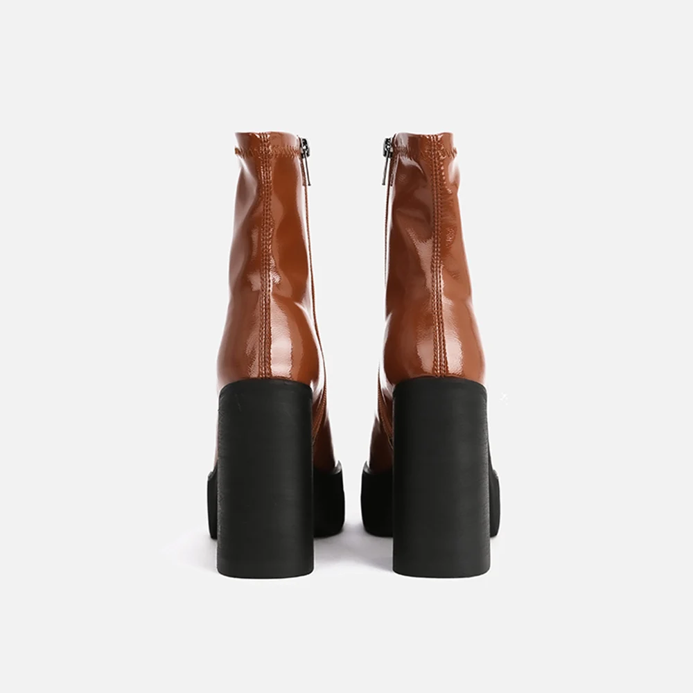 

MUMANI Woman‘s Modern Boots Super High Brown Round Toe 12CM Thin Stretch Increase Shoes Square Heel Platform ANKLE Boots