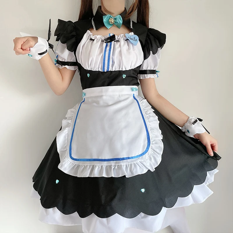 

Women Girls JP Anime Kawaii Maid Blue Lolita Dresses Apron Halloween Cosplay Costume Party Role Play Dress Up Waitress Outfit
