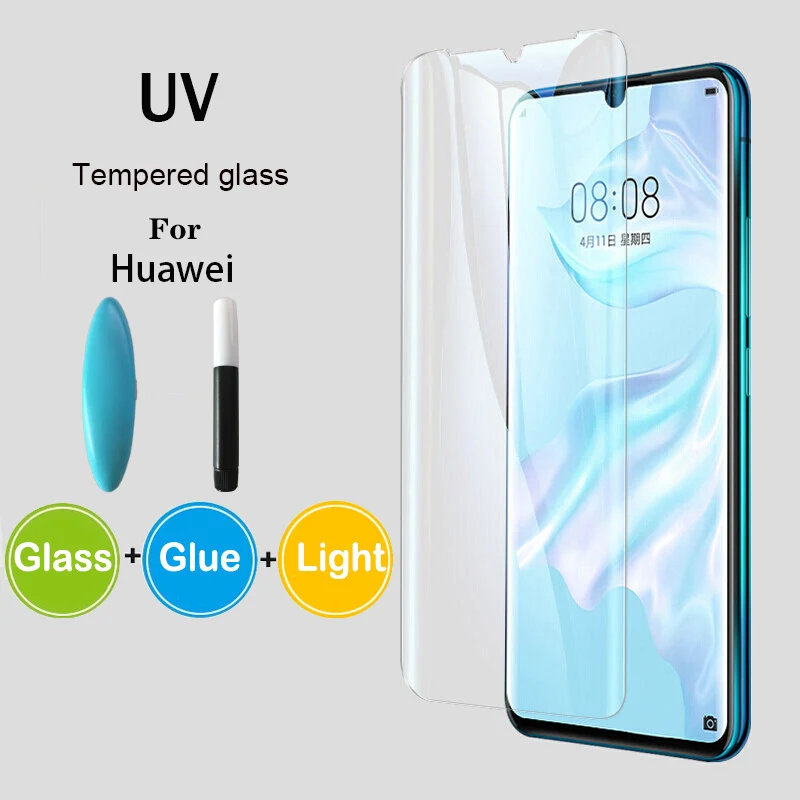 Прозрачное изогнутое УФ жидкое закаленное стекло с полным клеем для Huawei P30 P20 P40 Pro