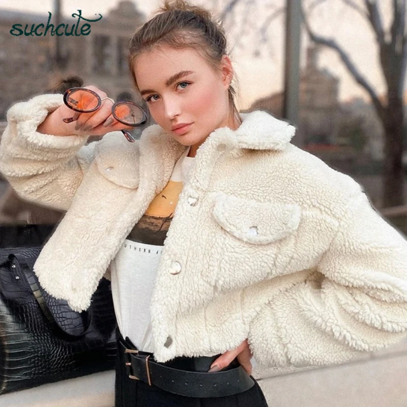 Женское бархатное пальто SUCHCUTE теплое из овечьей шерсти с пуговицами верхняя