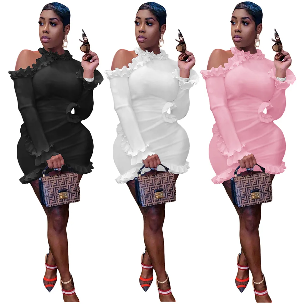 

Oluolin Fall Fashion Solid Fungus Ruffled Dress Club Party Ladies Sexy Long Sleeve Hollow Stitching Pleated Mini Skirt Vestidos