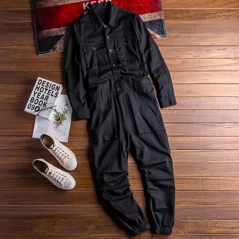Men's Jumpsuit Loose Cargo Pants Green Black Freight Trousers Long Sleeve Lapel Beam Feet Cotton Overalls Hip Hop Streetwear | Мужская