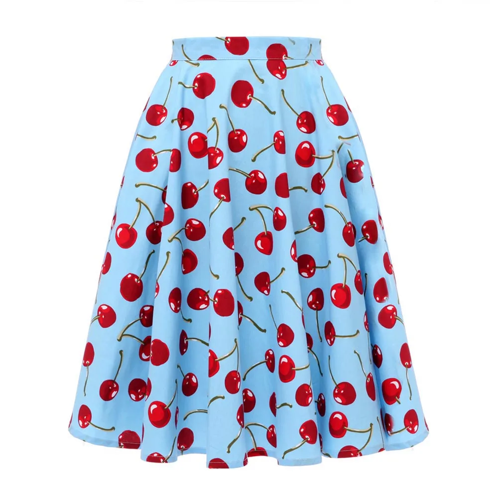 

2022 Spring Summer Women Midi Skirt Vintage Cherry Print Sweet Kawaii Clothes Button Blue Ployester Swing Chic Skirts wih Zipper