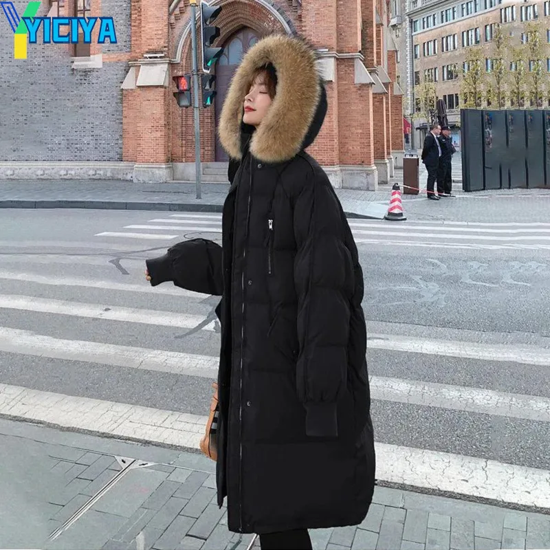 YICIYA Women's Winter Long Puffer Jacket Padded Korean  Large Faux Fur Collar Hooded  Thicken Parka Warm  Loose Women  Down Coat