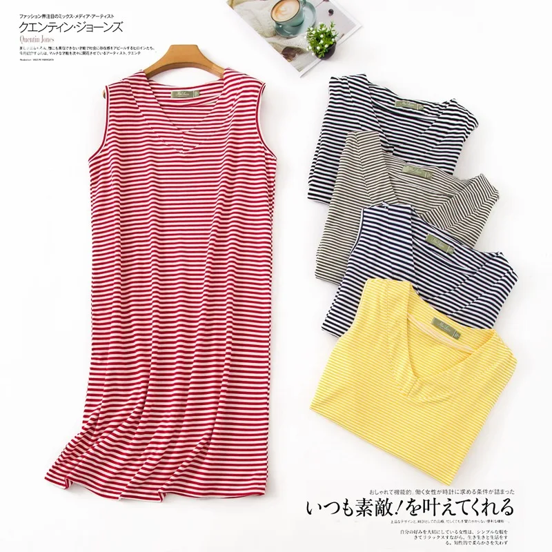 

Women Sleeveless Cotton Striped Nightgown V-Neck Plus Size Sleepshirts Vest Nightdress Lingerie Sleepwear Nighty Sleeping Dress