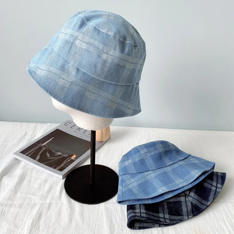 

2020 Summer Spring Sun Hats For Men Women Vintage Check Lattice Washed Denim Blue Bucket Hat Double Faced Foldable Jean Caps