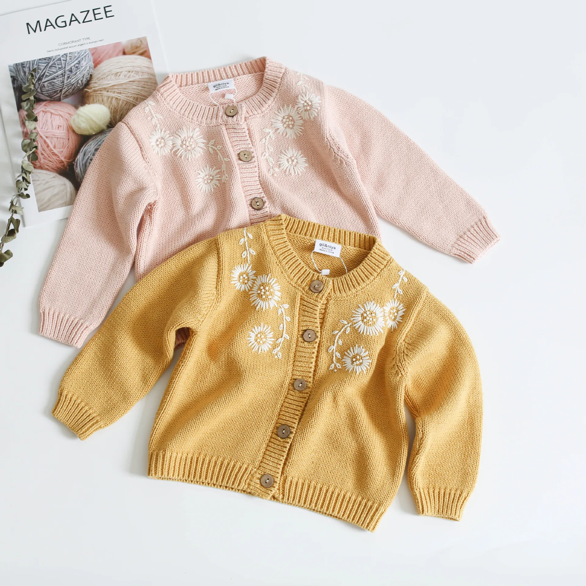 Autumn Baby Cardigan Sweater Kids White Flower For Girls School Clothes Pink Navy Boy 100% Cotton | Детская одежда и обувь
