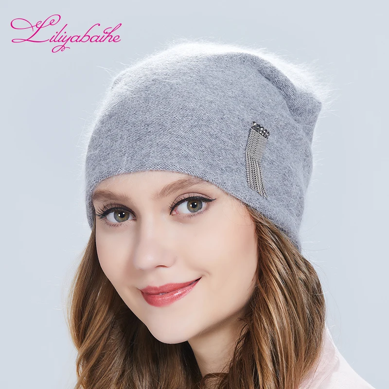 

Liliyabaihe Autumn winter hat women hat with angora wool knitted fringe decoration warm hats